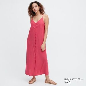 Uniqlo (XS) Bright Barbie Pink Summer Button Down Camisole Flare Midi Slip Dress